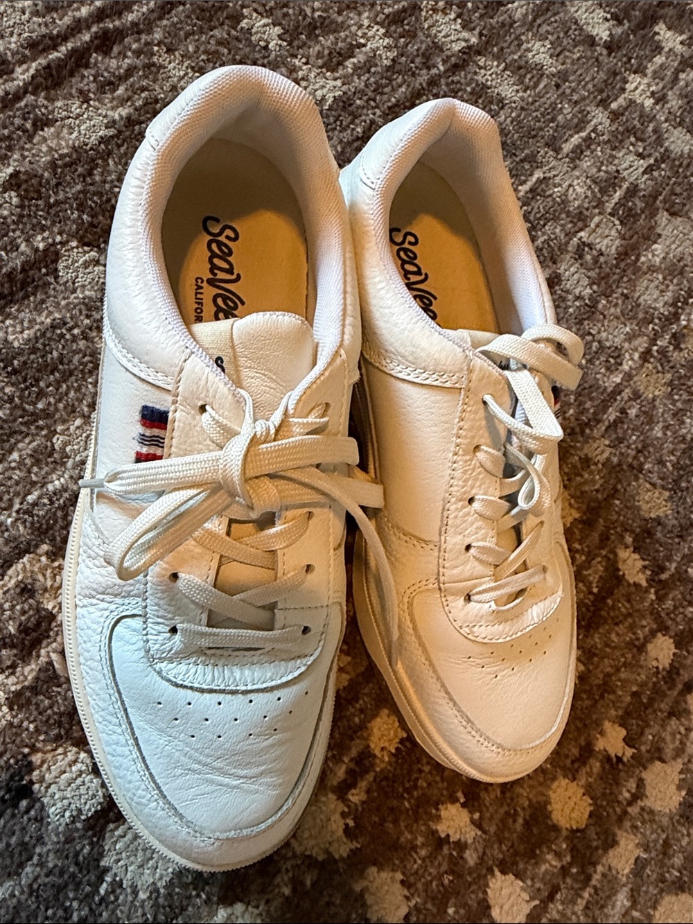 SeaVees Women’s White Leather Sneakers with Nautical Stripe. Great condition